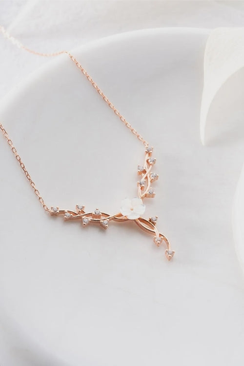 Sterling Silver Magnolia Vine Necklace Rhodium Plated Floral Jewelry