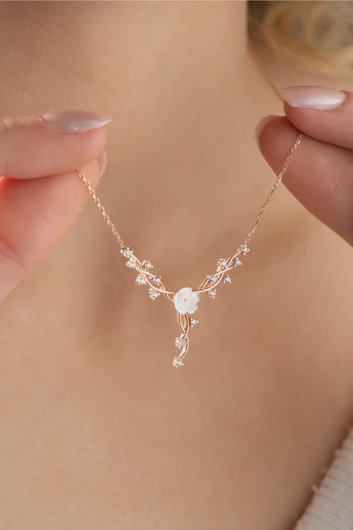 Sterling Silver Magnolia Vine Necklace Rhodium Plated Floral Jewelry